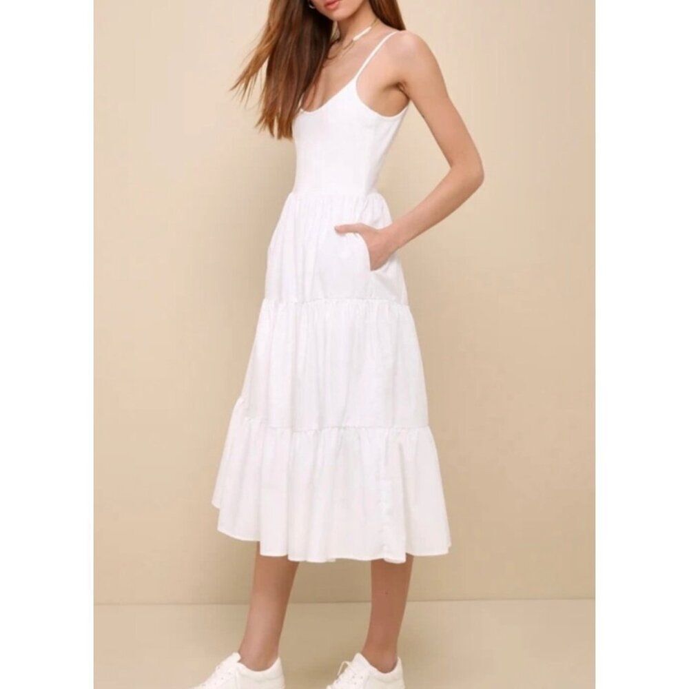 NWT Lulus Lovable Cutie White Sleeveless Tiered Midi Dress With‎ Pockets SZ Lg